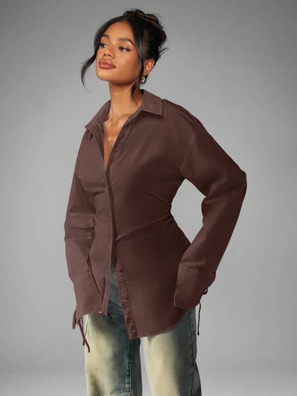 missguided MISSGUIDED Ruched Waist Button Down Shirt With Tie Cuffs