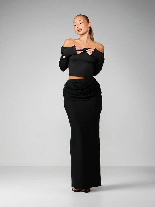 Missguided MISSGUIDED Ruched Waist Maxi Skirt With Draped Detail