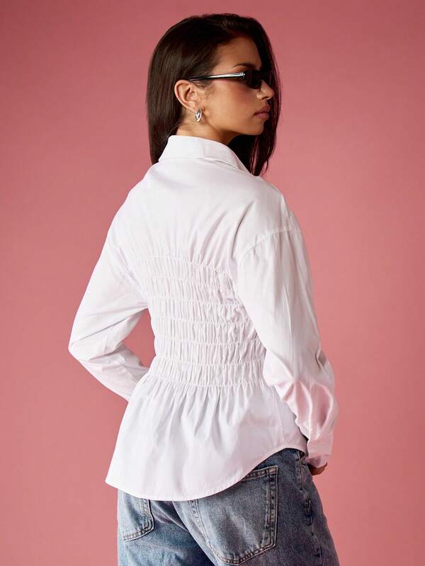 Missguided MISSGUIDED Ruched White Button Down Collared Shirt With Fitted Waist