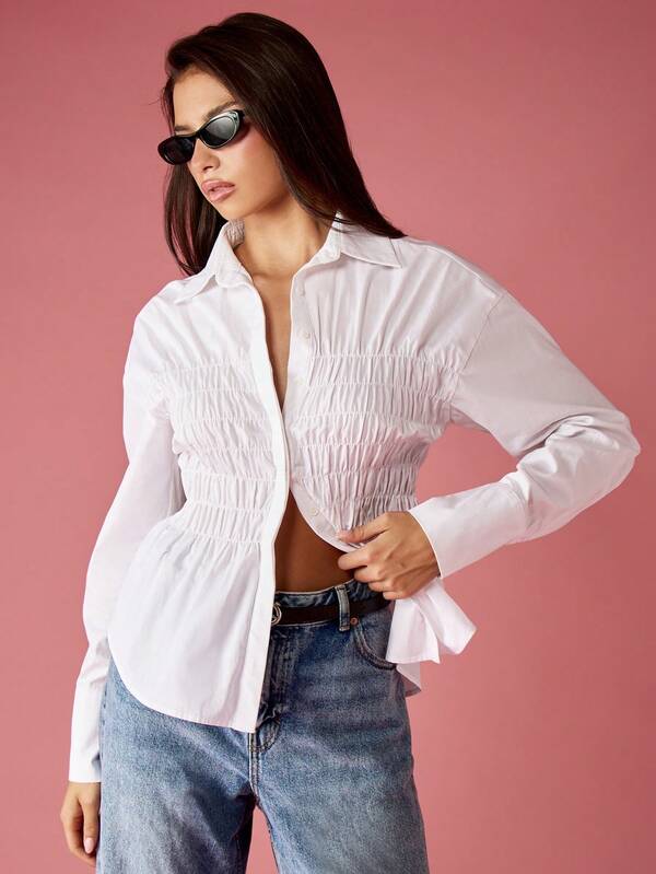 missguided MISSGUIDED Ruched White Button Down Collared Shirt With Fitted Waist