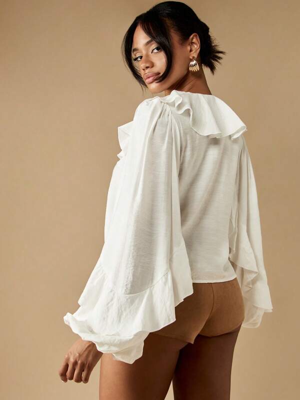 Missguided MISSGUIDED Ruffle Blouse With Puff Sleeves And Front Tie Detail