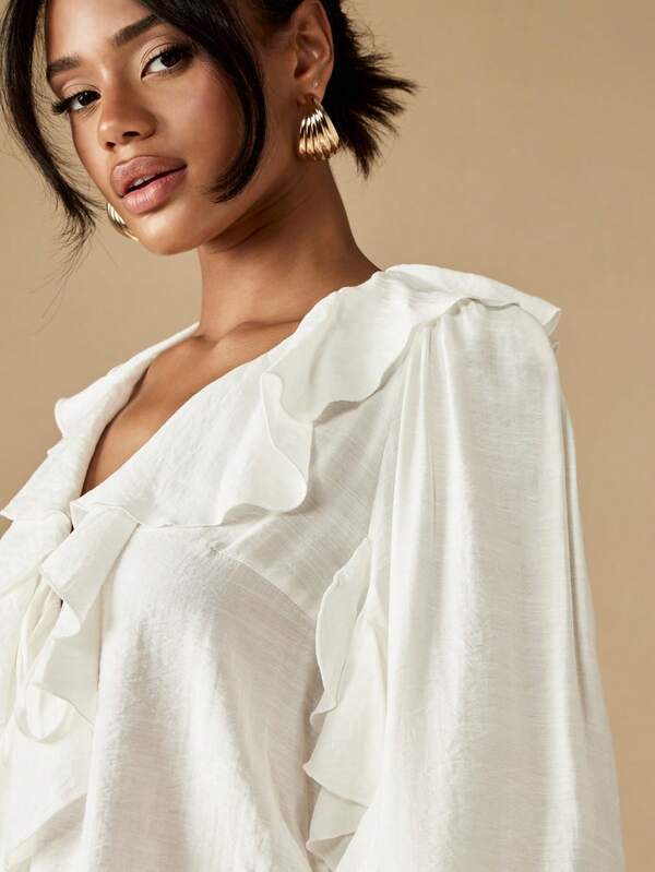 Missguided MISSGUIDED Ruffle Blouse With Puff Sleeves And Front Tie Detail