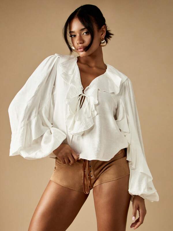 missguided MISSGUIDED Ruffle Blouse With Puff Sleeves And Front Tie Detail