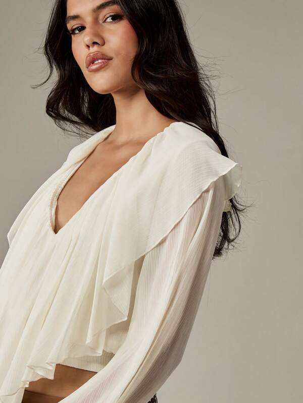 Missguided MISSGUIDED Ruffle Chiffon Blouse With Draped V Neck