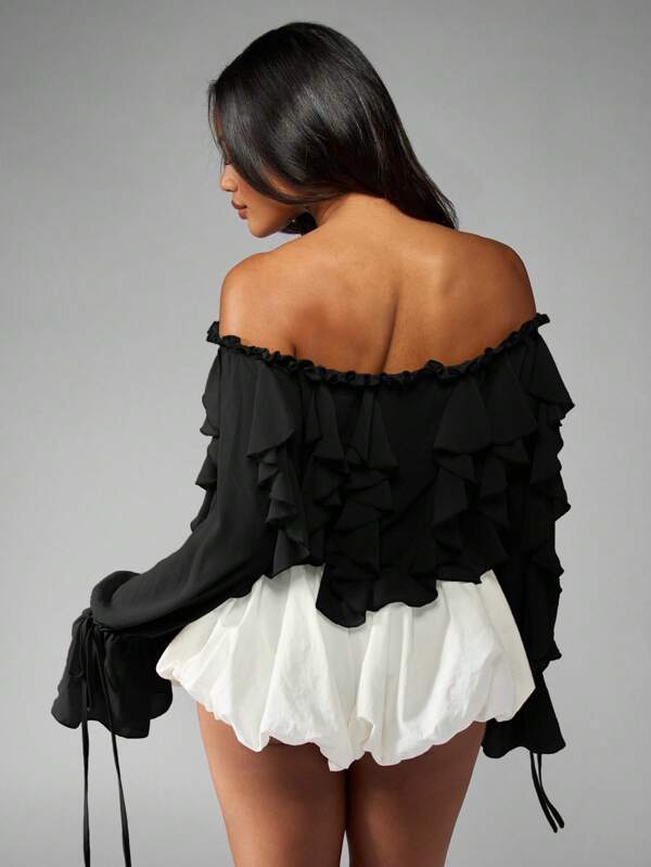 Missguided MISSGUIDED Ruffle Chiffon Bodysuit With Bell Sleeves And Bubble Hem