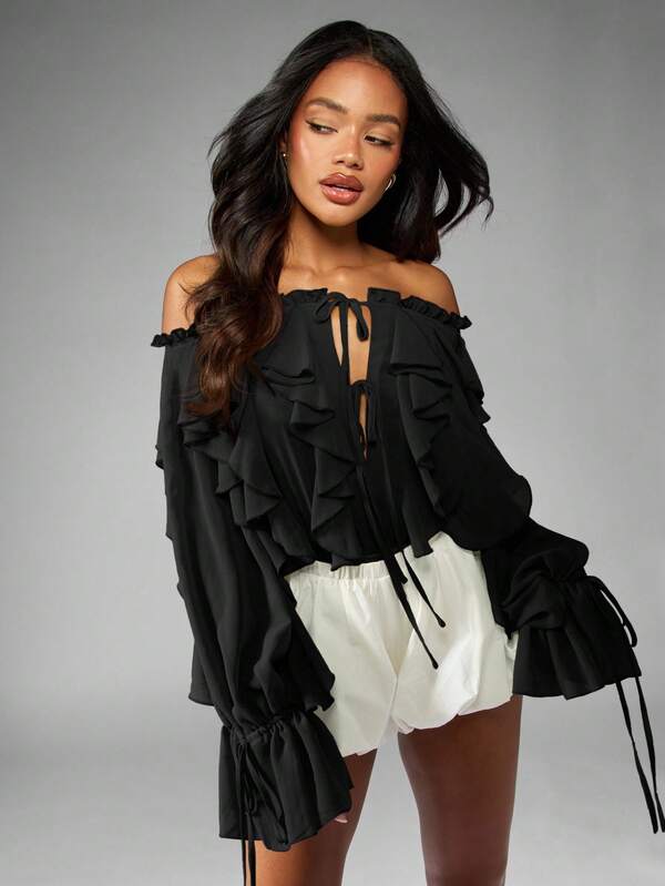 Missguided MISSGUIDED Ruffle Chiffon Bodysuit With Bell Sleeves And Bubble Hem