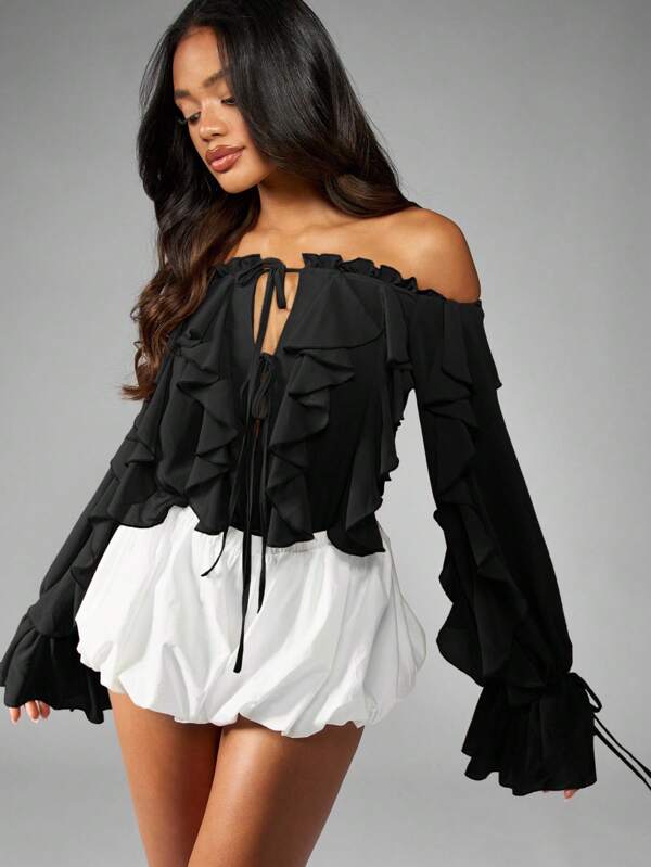 missguided MISSGUIDED Ruffle Chiffon Bodysuit With Bell Sleeves And Bubble Hem