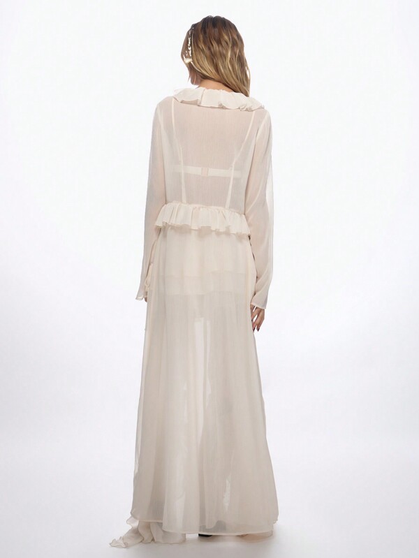 Missguided MISSGUIDED Ruffle Chiffon Long Sleeve Tie Front Crop Blouse