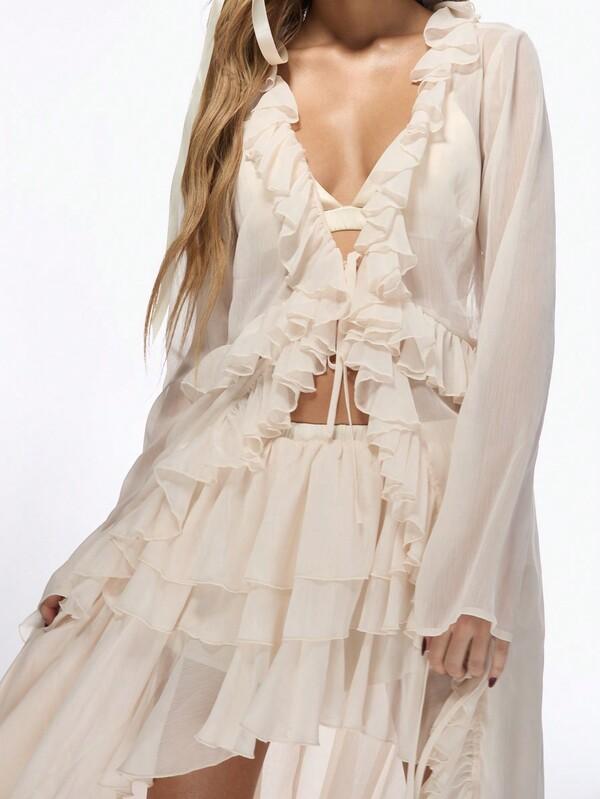 Missguided MISSGUIDED Ruffle Chiffon Long Sleeve Tie Front Crop Blouse