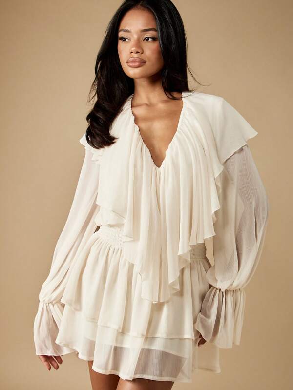 missguided MISSGUIDED Ruffle Chiffon Mini Dress With Long Balloon Sleeves