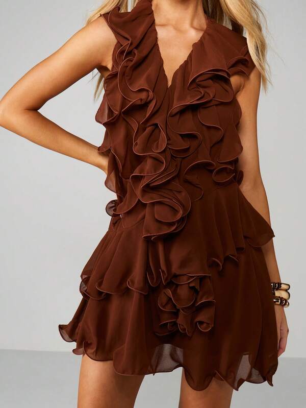 Missguided MISSGUIDED Ruffle Chiffon Mini Dress With V-Neck