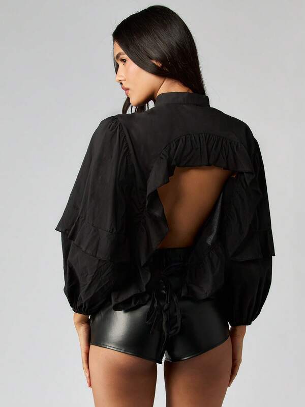Missguided MISSGUIDED Ruffle Curved Hem Blouse With Balloon Sleeves