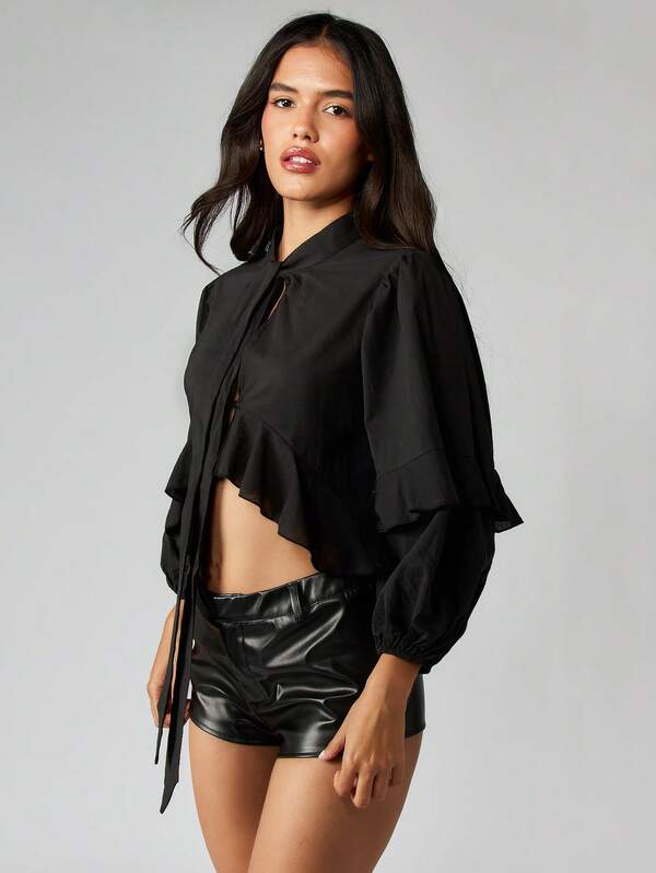 Missguided MISSGUIDED Ruffle Curved Hem Blouse With Balloon Sleeves