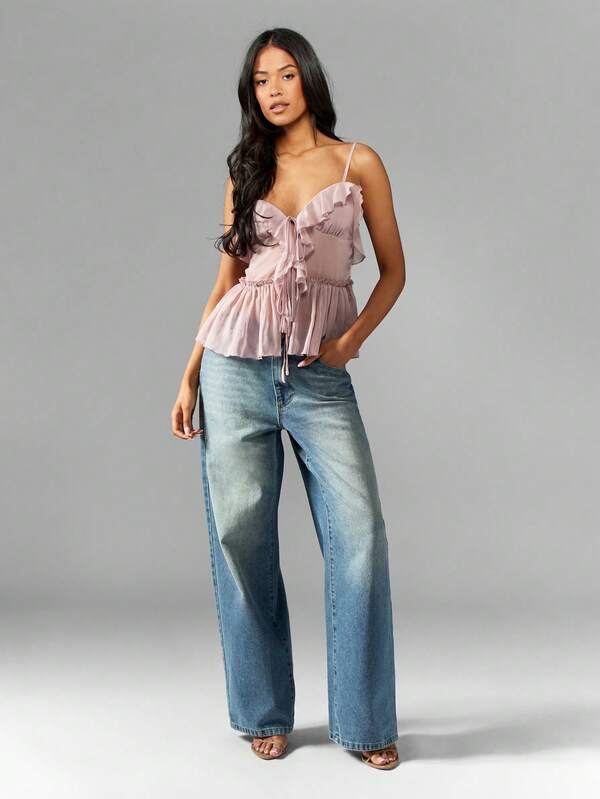 Missguided MISSGUIDED Ruffle Detail Chiffon Peplum Cami Top Sleeveless Blouse