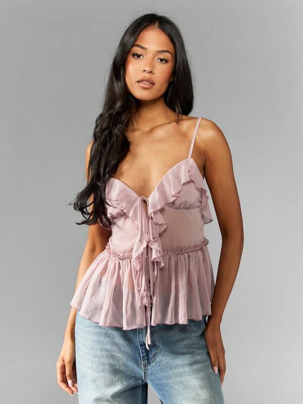 missguided MISSGUIDED Ruffle Detail Chiffon Peplum Cami Top Sleeveless Blouse