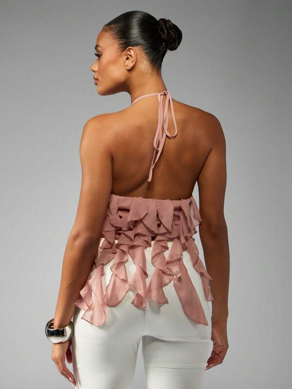 Missguided MISSGUIDED Ruffle Detail Halter Neck Cami Top With Layered Design