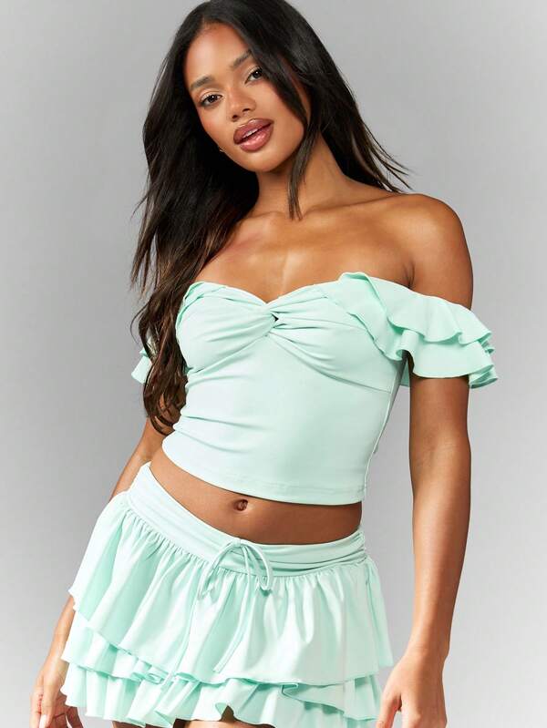 Missguided MISSGUIDED Ruffle Detail Off Shoulder Sweetheart Neckline Crop Top