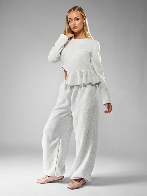 Missguided MISSGUIDED Ruffle Detailed Crop Top And Wide Leg Pants Set