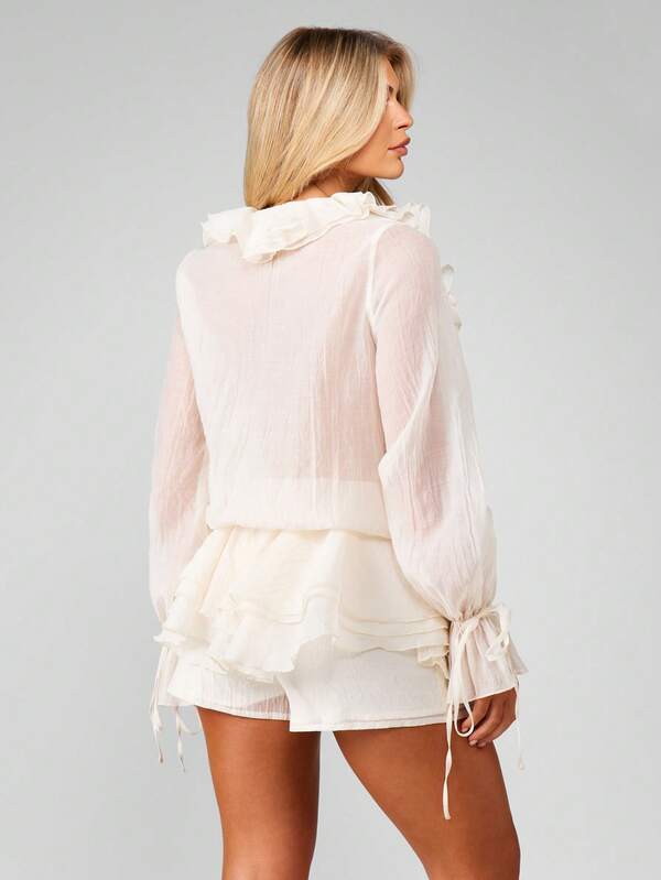 Missguided MISSGUIDED Ruffle Flower Coord Set With Sheer Sleeves