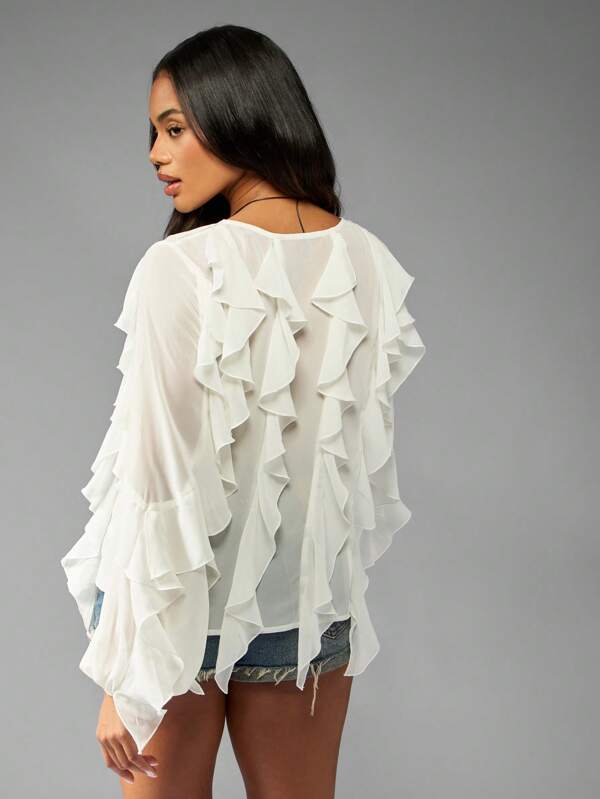 Missguided MISSGUIDED Ruffle Front Chiffon Blouse With Dramatic Sleeves