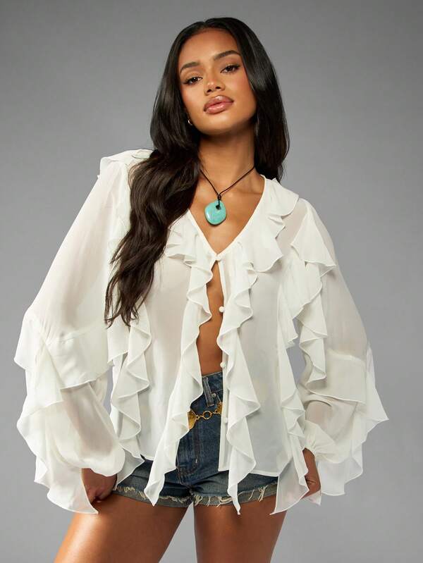 missguided MISSGUIDED Ruffle Front Chiffon Blouse With Dramatic Sleeves