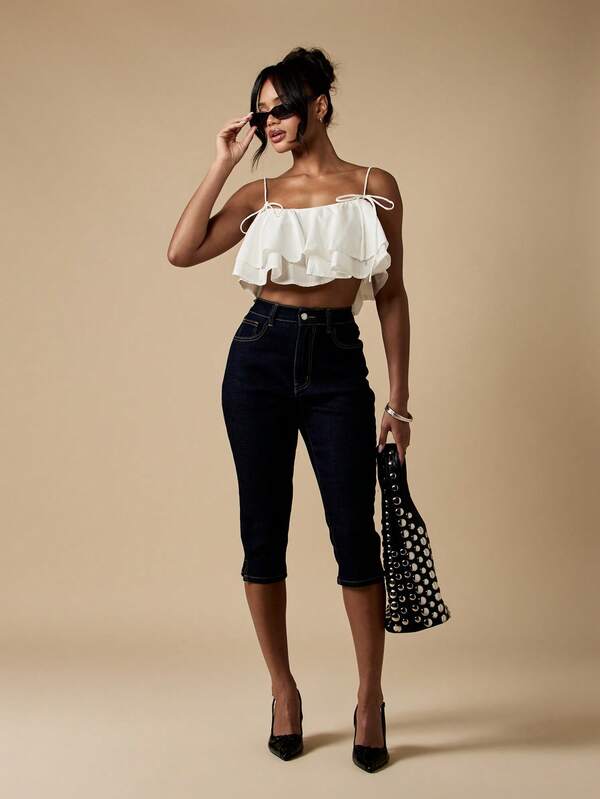 Missguided MISSGUIDED Ruffle Layer Boho Shoulder Tie Crop Tank Top