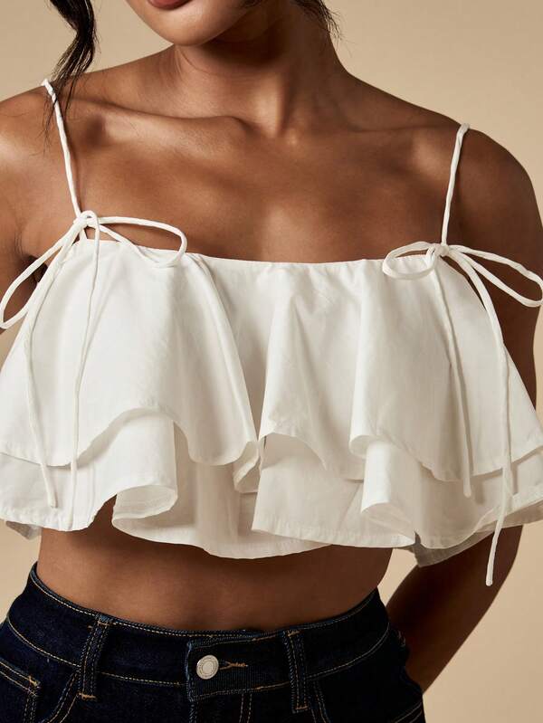 Missguided MISSGUIDED Ruffle Layer Boho Shoulder Tie Crop Tank Top