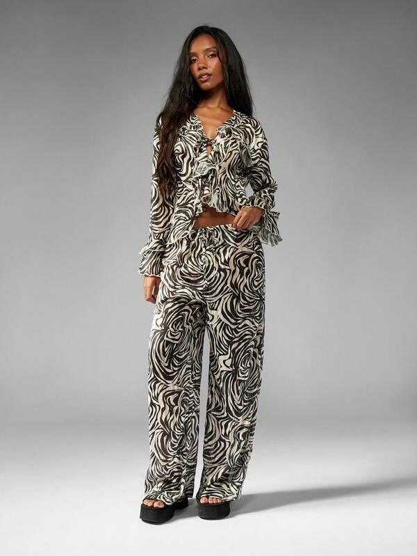 Missguided MISSGUIDED Ruffle Long Sleeve Top With Wide Leg Pants