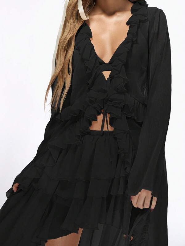 Missguided MISSGUIDED Ruffle Longline Tie Front Boho Style Blouse