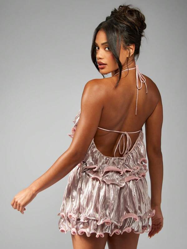 Missguided MISSGUIDED Ruffle Metallic Shimmer Halter Top Mini Skirt Set