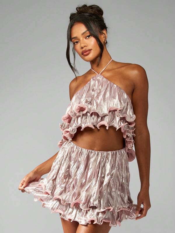 Missguided MISSGUIDED Ruffle Metallic Shimmer Halter Top Mini Skirt Set