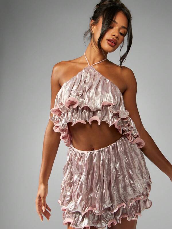 missguided MISSGUIDED Ruffle Metallic Shimmer Halter Top Mini Skirt Set