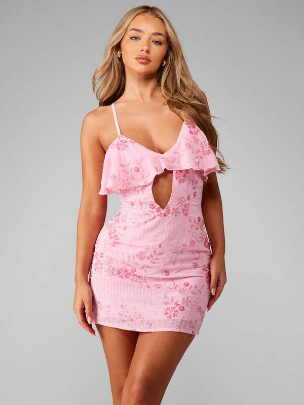 missguided MISSGUIDED Ruffle Mini Dress With Front Cut Out And Sequin Floral Pattern