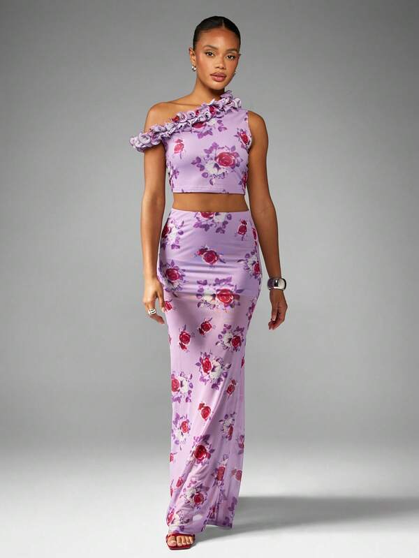 Missguided MISSGUIDED Ruffle Off Shoulder Crop Top With Fitted Maxi Skirt