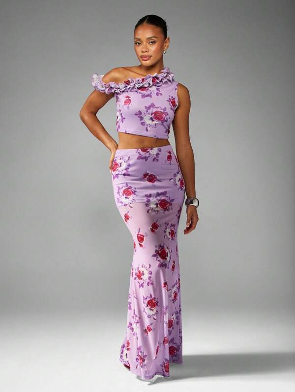 missguided MISSGUIDED Ruffle Off Shoulder Crop Top With Fitted Maxi Skirt