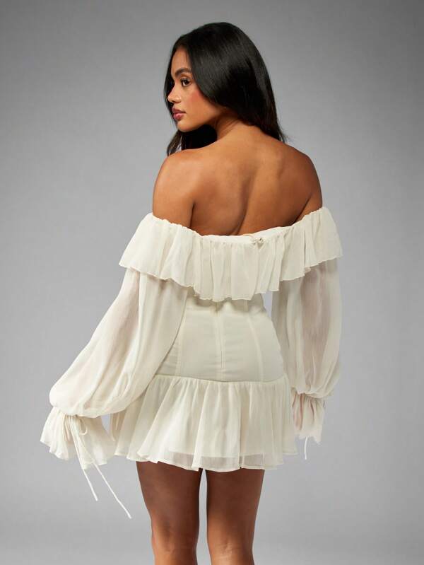 Missguided MISSGUIDED Ruffle Off Shoulder Long Sleeve Corset Chiffon Lace Up Detail Mini Dress