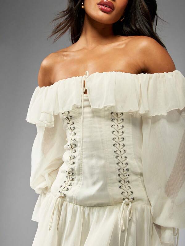 Missguided MISSGUIDED Ruffle Off Shoulder Long Sleeve Corset Chiffon Lace Up Detail Mini Dress