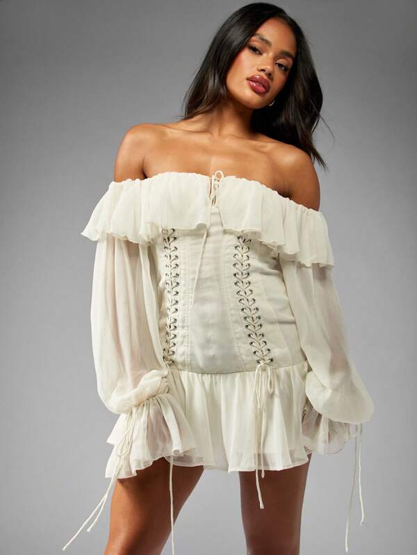 missguided MISSGUIDED Ruffle Off Shoulder Long Sleeve Corset Chiffon Lace Up Detail Mini Dress