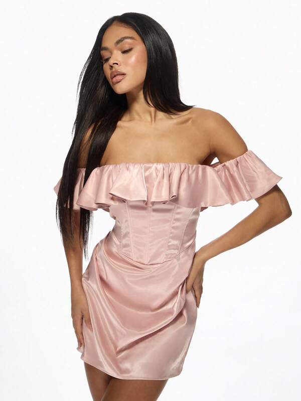 missguided MISSGUIDED Ruffle Off-Shoulder Satin Corset Bodycon Mini Dresses With Draped Skirt
