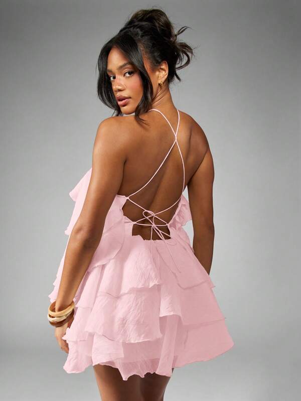 Missguided MISSGUIDED Ruffle Organza Halter Neck Backless A Line Layered Mini Dress
