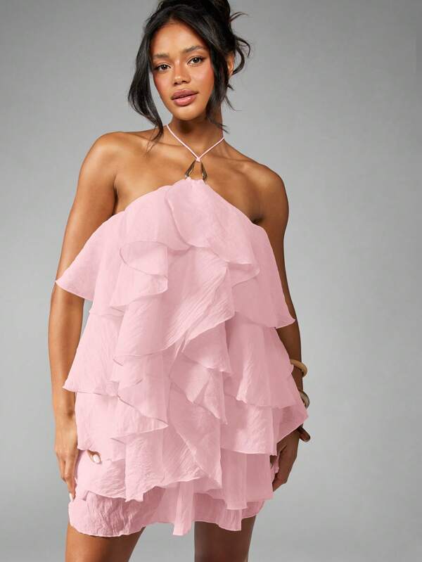 missguided MISSGUIDED Ruffle Organza Halter Neck Backless A Line Layered Mini Dress