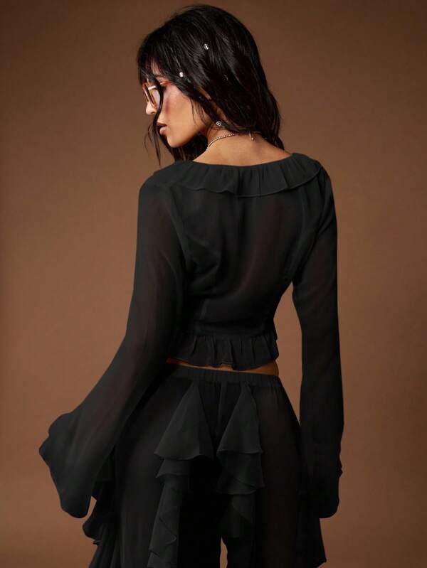 Missguided MISSGUIDED Ruffle Sheer Crop Blouse With Front Tie