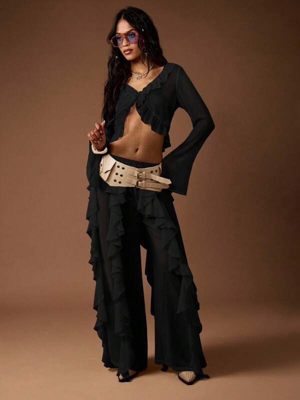 Missguided MISSGUIDED Ruffle Sheer Crop Blouse With Front Tie