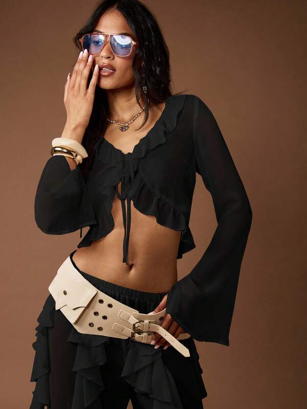 Missguided MISSGUIDED Ruffle Sheer Crop Blouse With Front Tie