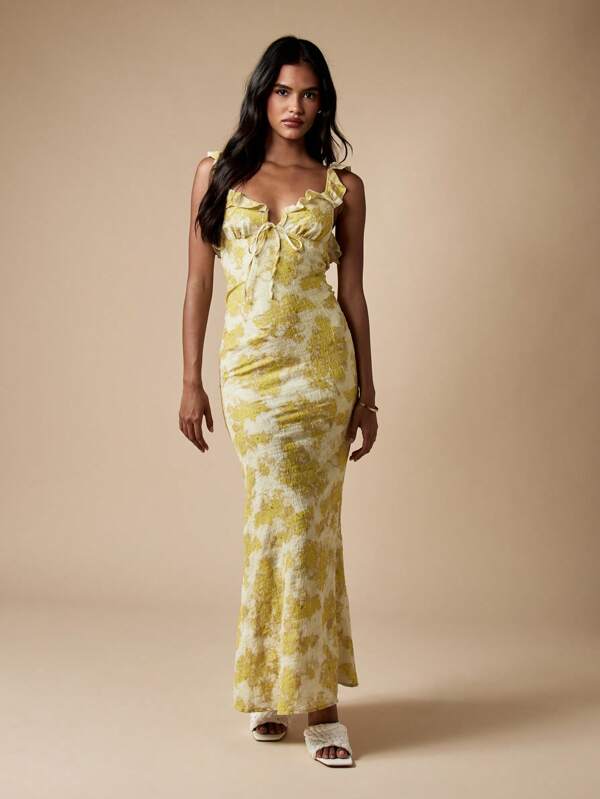 missguided MISSGUIDED Ruffle Sleeve Tie Front Lightweight Floor Length Maxi Dress