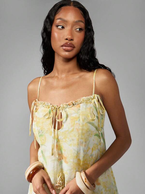 Missguided MISSGUIDED Ruffle Spaghetti Strap Tie Front Mini Dress