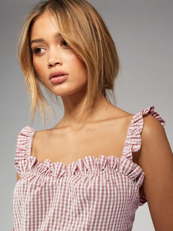 Missguided MISSGUIDED Ruffle Strap Gingham Square Neck Mini Dress