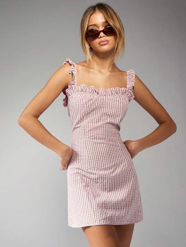 missguided MISSGUIDED Ruffle Strap Gingham Square Neck Mini Dress