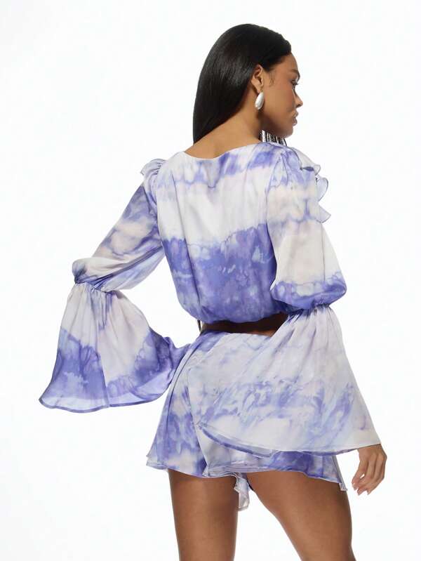 Missguided MISSGUIDED Ruffle Tie Dye Satin Crop Top Shorts Two Piece Outfit