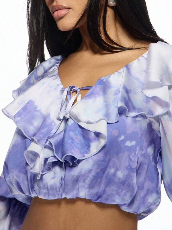 Missguided MISSGUIDED Ruffle Tie Dye Satin Crop Top Shorts Two Piece Outfit